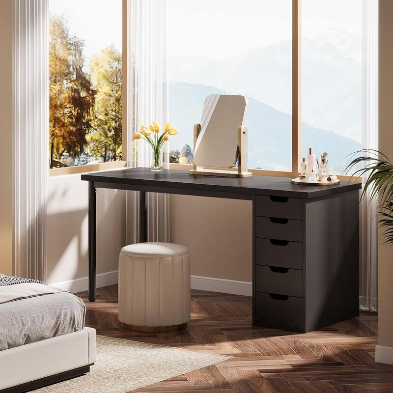 Modern Computer Desk with 5 Reversible Drawers, Storage Home Office Desk, PC/Laptop Desk, Study Writing Table Workstation