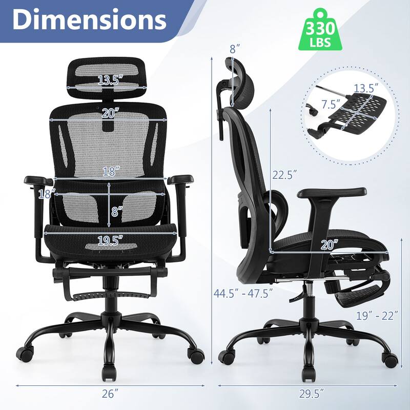 Ergonomic Mesh Office Chair with Reclining Backrest 3D Armrests Adjustable Headrest Lumbar Support and Footrest Black