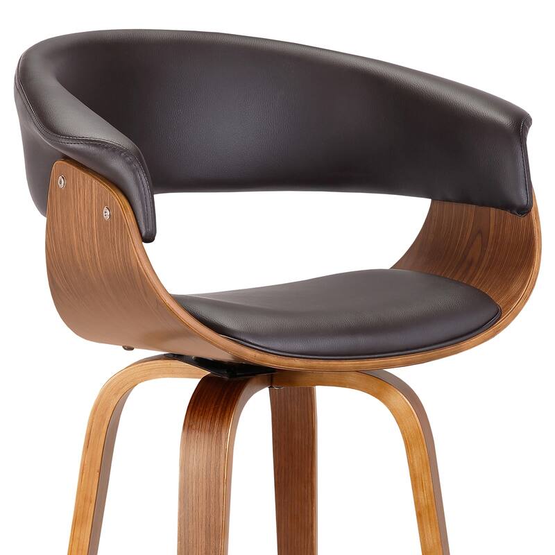 Mid-Century Modern 30 Inch Swivel Bar Stool with Walnut Wood Frame and Brown Faux Leather Upholstered Seat