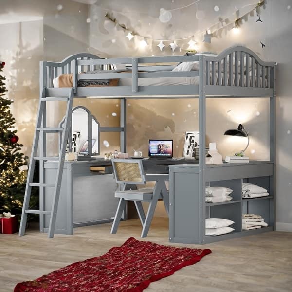 slide 2 of 54, Wooden Full Loft Bed with U-shaped Desk,Storage Compartments and Tri-fold Mirror Grey