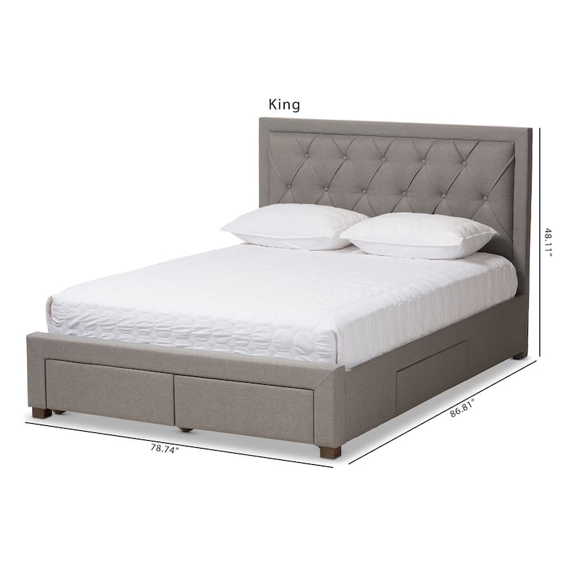 King Size Storage Bed with Headboard - Modern Fabric Upholstered Platform Bed Frame - Grey Bedroom Furniture