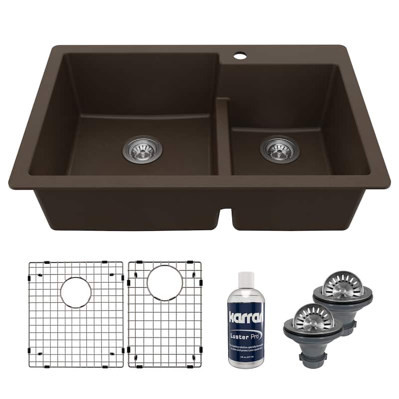 Karran 33" Top Mount Large/Small Bowl Quartz Kitchen Sink Kit - 33" x 22" x 9"