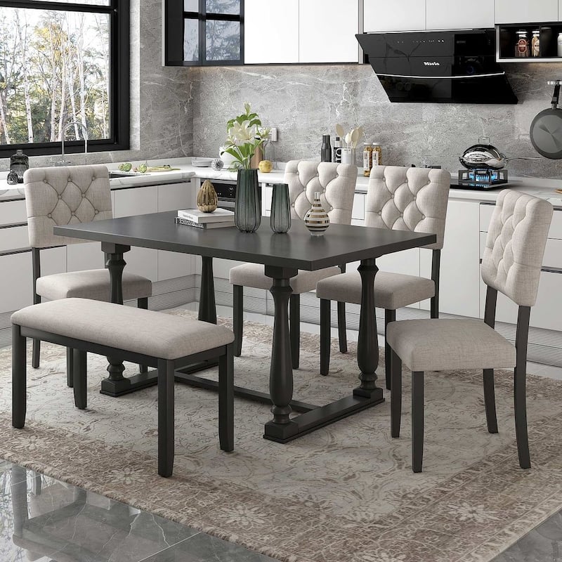 6 Piece Dining Set - 60'' Rectangular Dining Table with 4 Upholstered Chairs and Bench