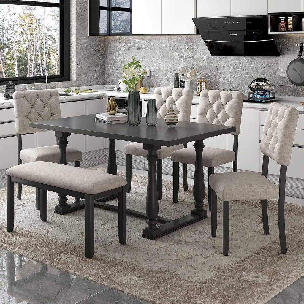 6 Piece Dining Set - 60'' Rectangular Dining Table with 4 Upholstered ...