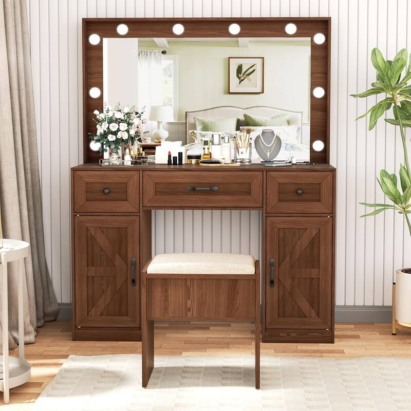 43.3'' Wide Makeup Vanity Dressing Table with Adjustable Lighted Mirror and Stool, Power Outlet
