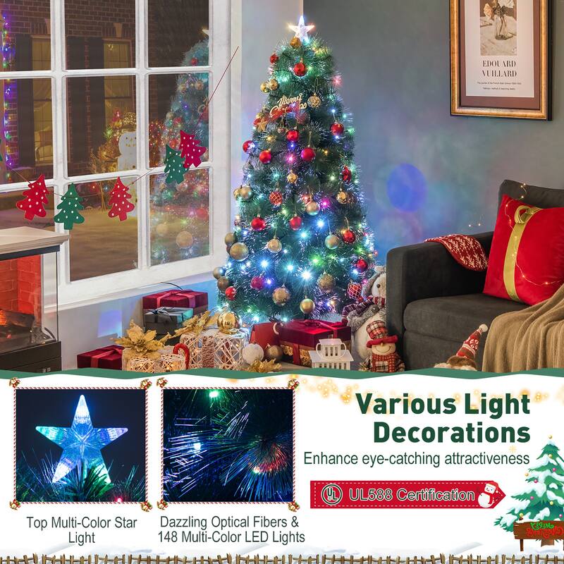 Gymax 5/6/7 FT Pre-Lit Fiber Optic Christmas Tree Artificial Christmas