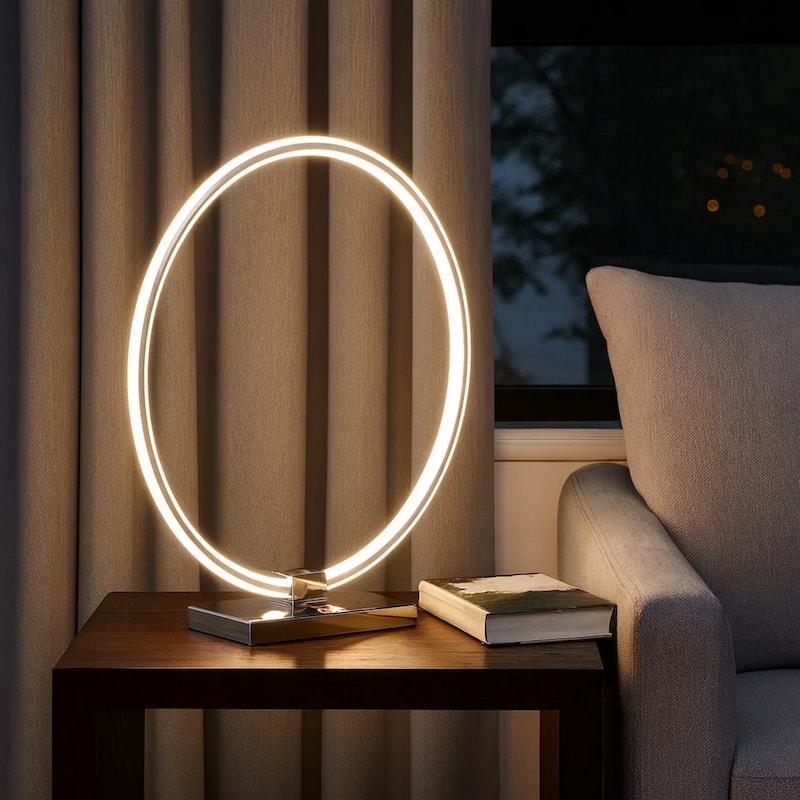 Sine 21 Inch Table Lamp, Modern Circle Ring LED, Sleek Silver Metal Base