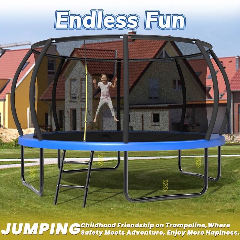 12FT Recreational Kids Trampoline with Safety Enclosure Net & Ladder, Outdoor Recreational Trampolines