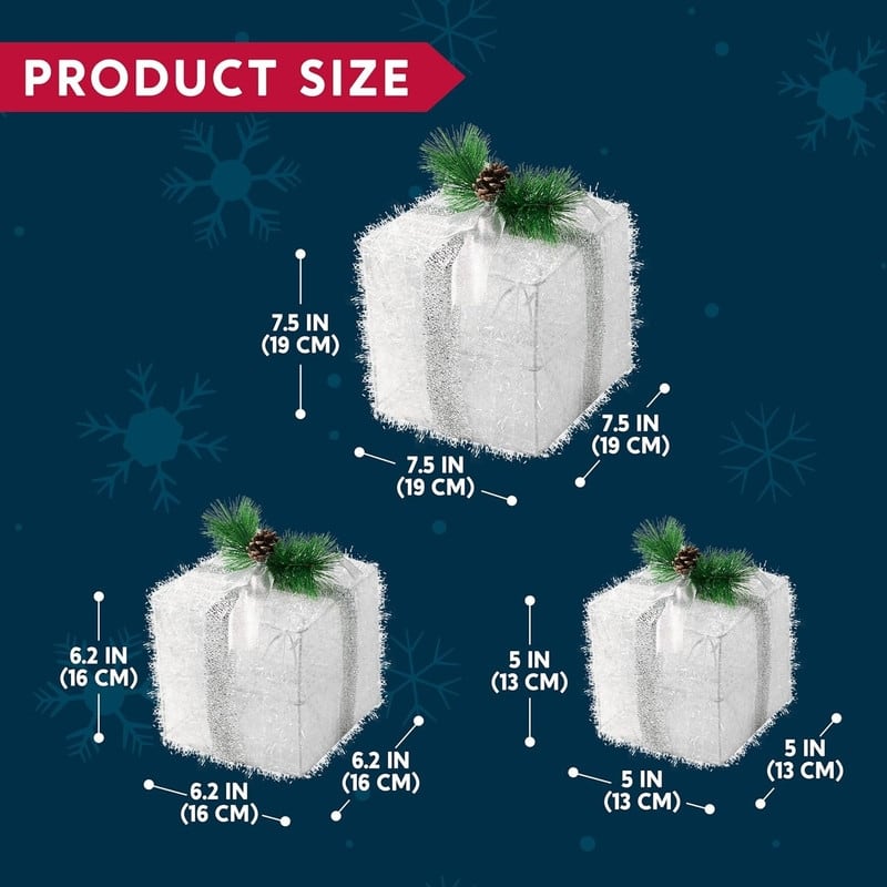Christmas Lighted Gift Boxes - Set of 3 Iridescent Present Boxes for Indoor Holiday Décor