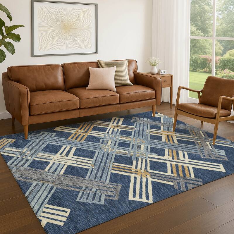 Machine Washable Indoor/ Outdoor Modern Trellis Chantille Rug