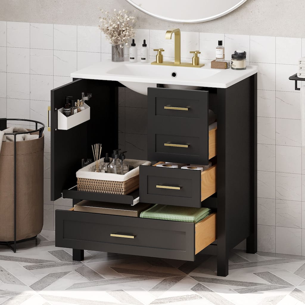 30" Black Bathroom Vanity with Sink - Solid Wood & MDF, Soft-Close Drawers, Modern Freestanding Storage Cabinet