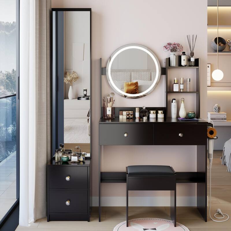 Full Body Mirror Cabinet +Round Mirror LED Vanity Table +Cushioned Stool,With 2 AC + 2 USB Power Station,17"Diameter LED Mirror