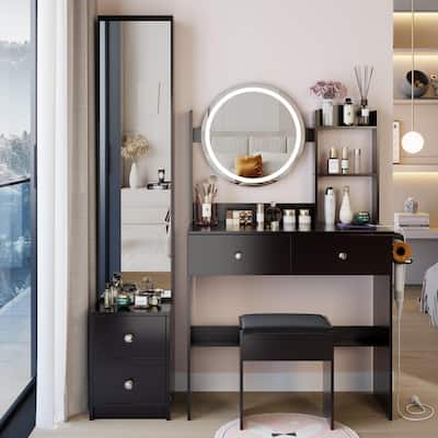 Round Mirror LED Vanity Table with Cushioned Stool