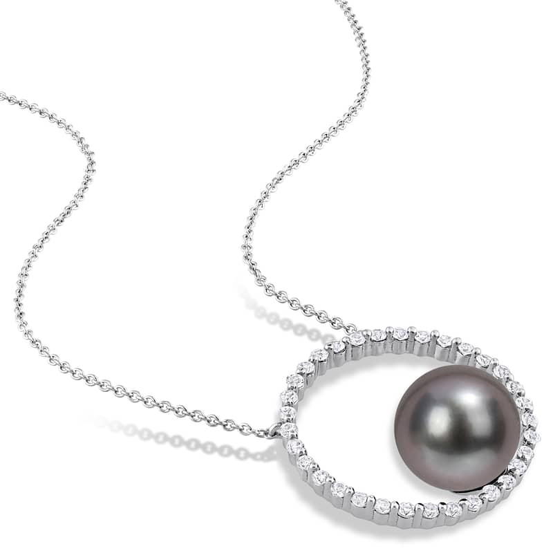 Miadora Tahitian Cultured Pearl & White Sapphire Circle of Life Necklace in 10k White Gold (9.5-10mm)