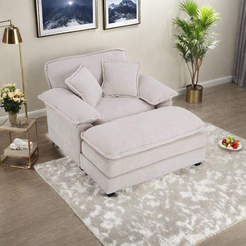 Corduroy Single Sofa Sets with Ottoman and 2 Toss Pillows, Deep Seat Design - White