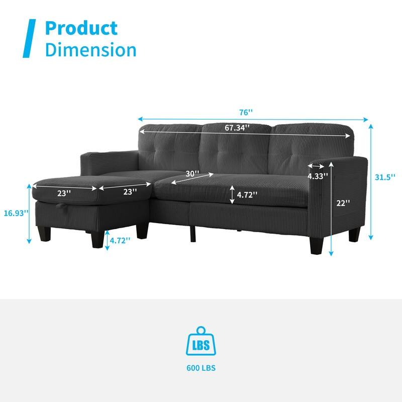 Mixoy 76'' L-Shaped Small Sofa Couch,3-Seater Corduroy Sectional Sofa with Storage Ottoman