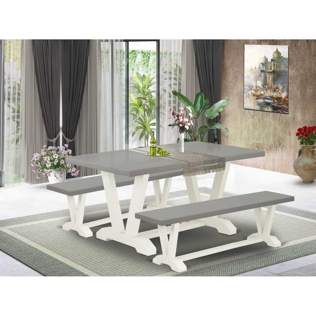 HomeStock 3-Piece Rectangle Natural Oak Finish Solid Wood Top Dining Table with 2-Benches