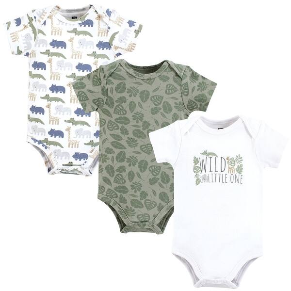 slide 1 of 1, Hudson Baby Boys Cotton Bodysuits, Wild Leaf Safari 0-3 Months - Wild Leaf Safari