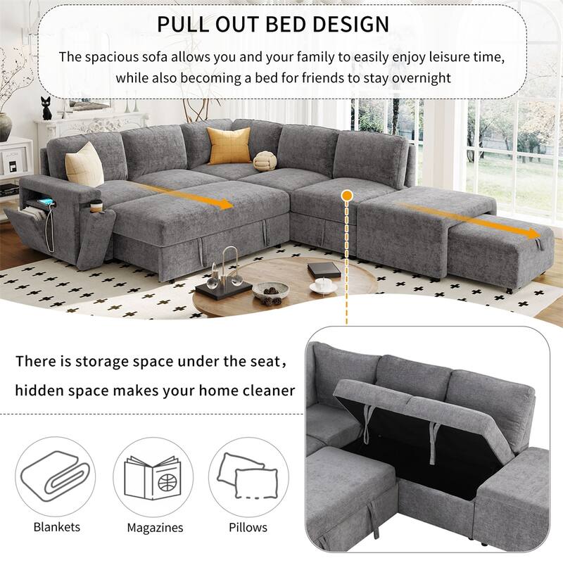 L-shaped Padded Modular Sofa w/Storage Space,USB Ports & Cup Holders
