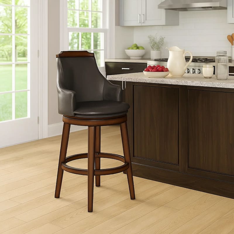 Bar Height Chair, Set of 2, Dark Brown Faux Leather, Wood Legs