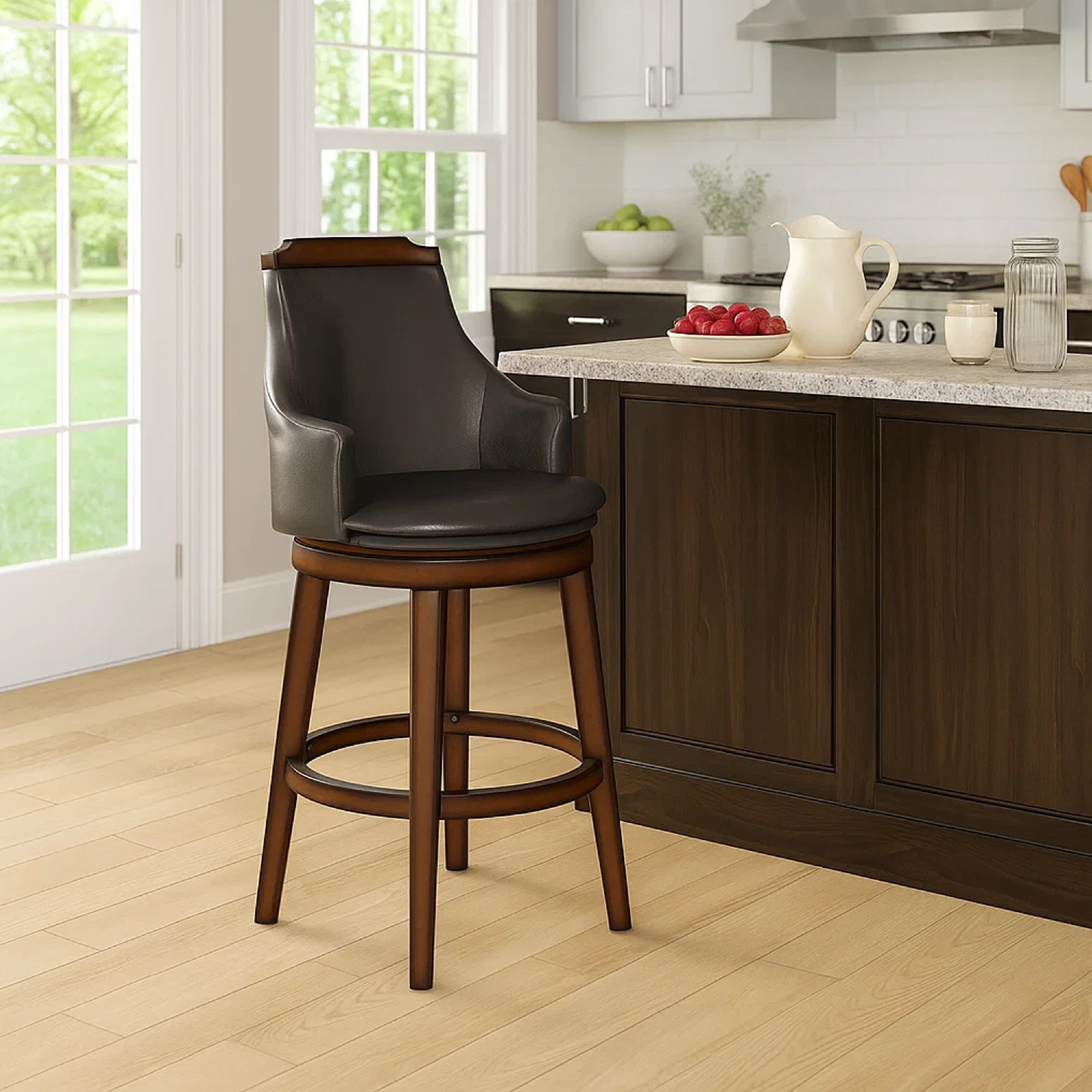 Bar Height Chair, Set of 2, Dark Brown Faux Leather, Wood Legs