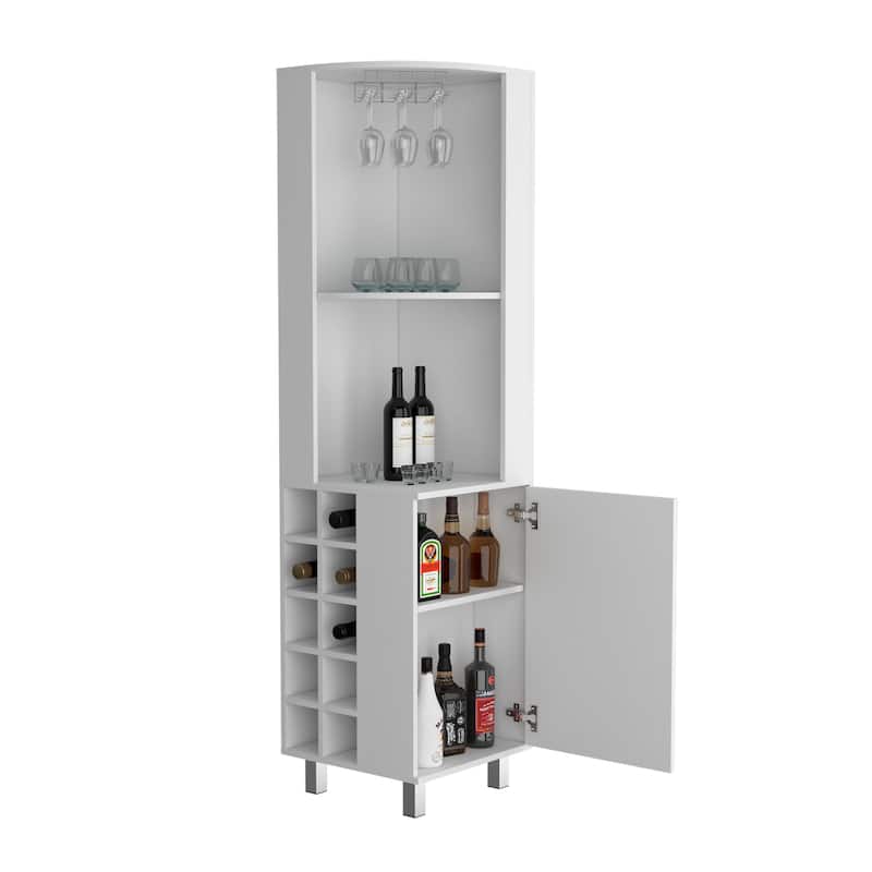 Corner Bar Cabinet With Four Shelves,Ten Wine Bottle Cubbies And Stemware,White