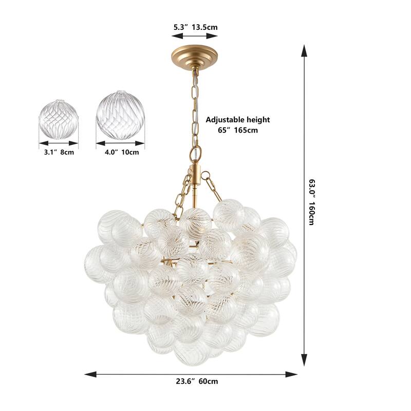23.6" Gold Pendant Chandelier with Glass Globe, Adjustable Height