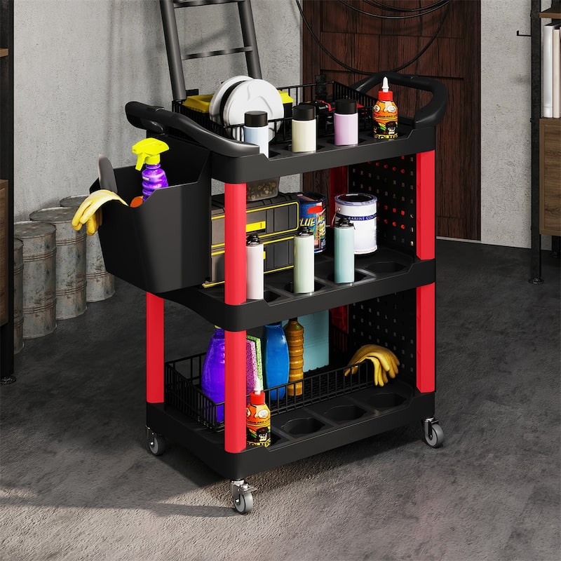 Adjustable Workshop Stool with Lumbar Support, Locking Wheels and Metal Tray and Bottle Holders