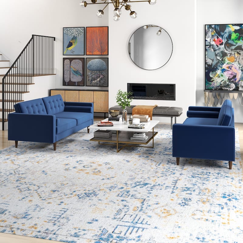 Kenzo Mid Century Pillow Back Velvet Sofa and Loveseat Set - Blue