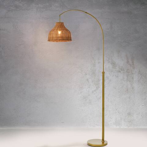 75" Gold Arc Floor Lamp with Brown Rattan Shade