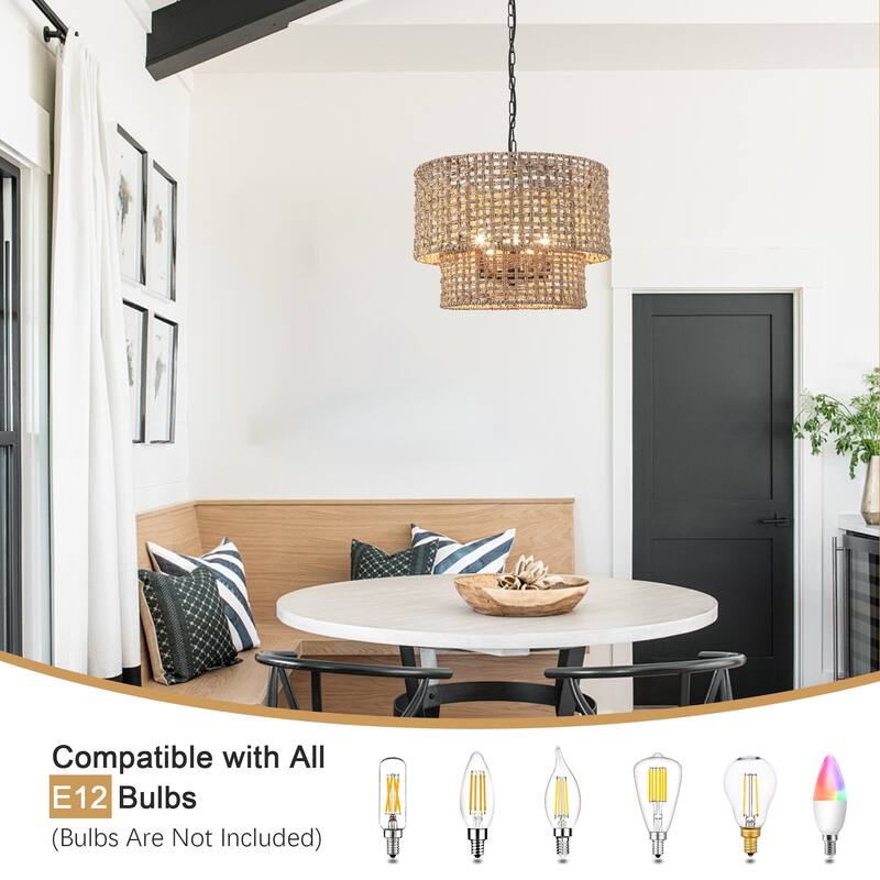 5-Light Metal 2-Tier Traditional Linear Drum Chandelier Pendant Light with Rattan Shade for Kitchen Island Dining Room