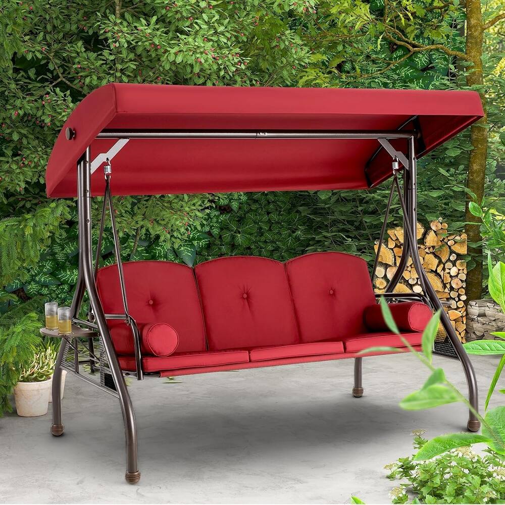 Outdoor 3-Seat Porch Swing with Adjustable Canopy & Cup Holder,Porch Swing Glider Chair, Heavy-Duty Steel Frame