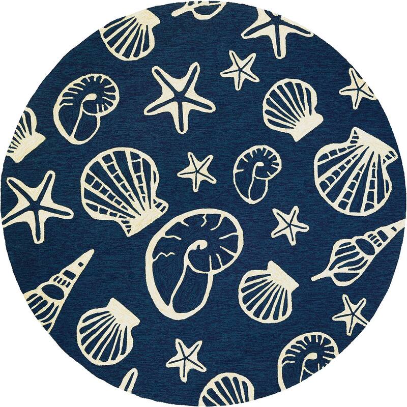Picadilly Sea Shells Indoor/ Outdoor Area Rug - 7'10" Round - Navy/Ivory