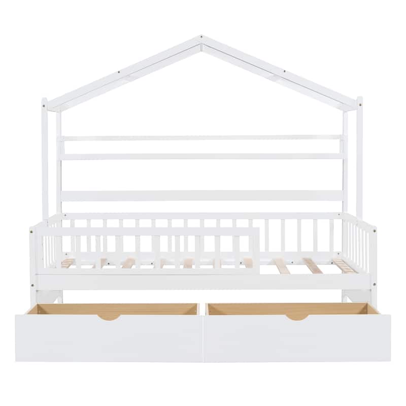 Wood House Bed with 2 Drawers, Kids Bed with Storage Shelf