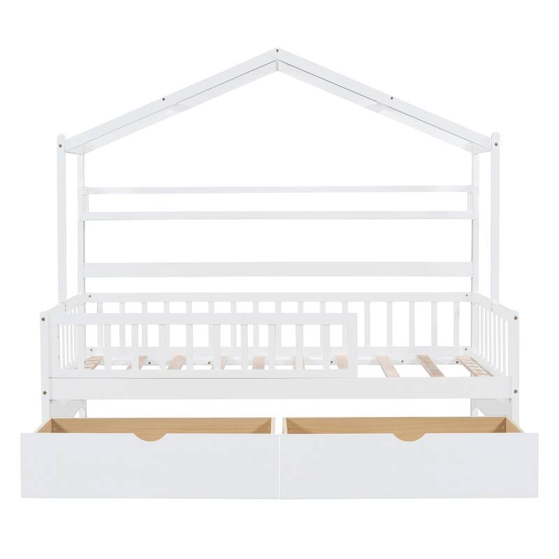 Wood House-shaped Platform Bed with Drawers and Shelf