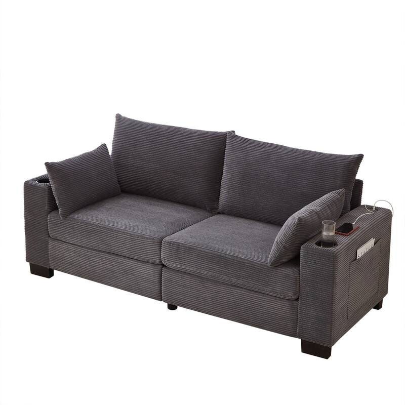 78" Corduroy 3-Seater Sofa with USB Ports, Cup Holders and Side Pockets