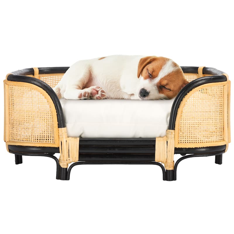 SAFAVIEH Home Timo 23.6W x 15.7D x 10.6H-inch Beige/Natural/Black Rattan Pet Bed with Cushion - 23.6"W x 15.7"D x 10.6"H