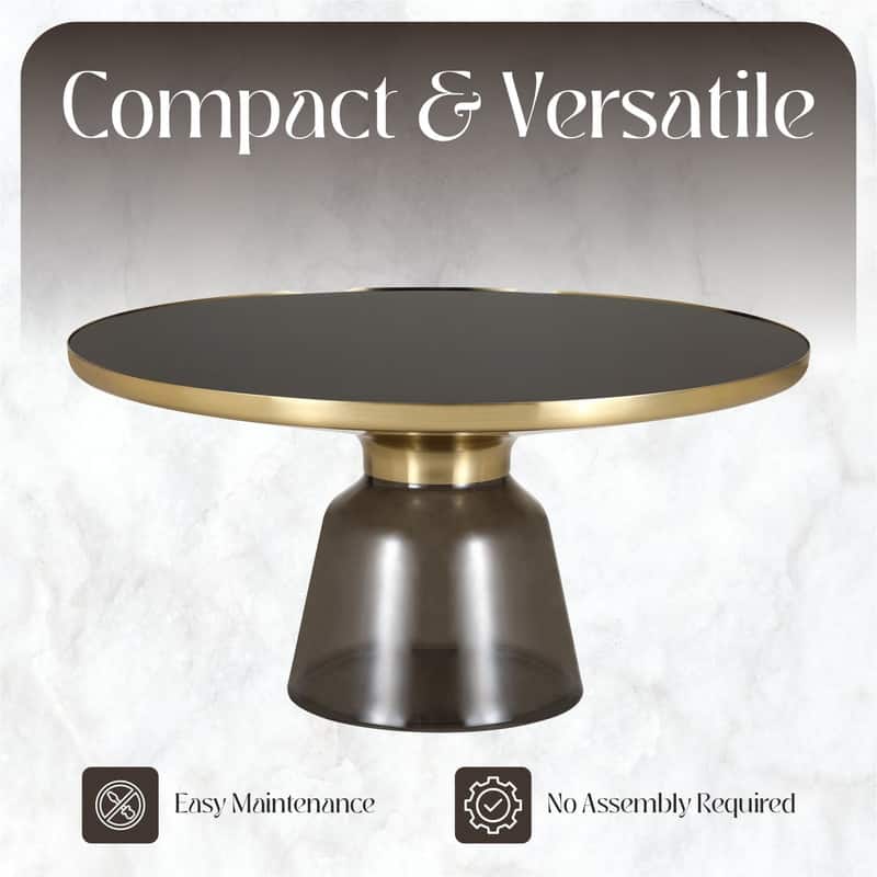 Tully Modern Round Glass/Stone Coffee Table with Brushed Gold Iron Rim Frame Glass Pedestal Base Fully Assembled