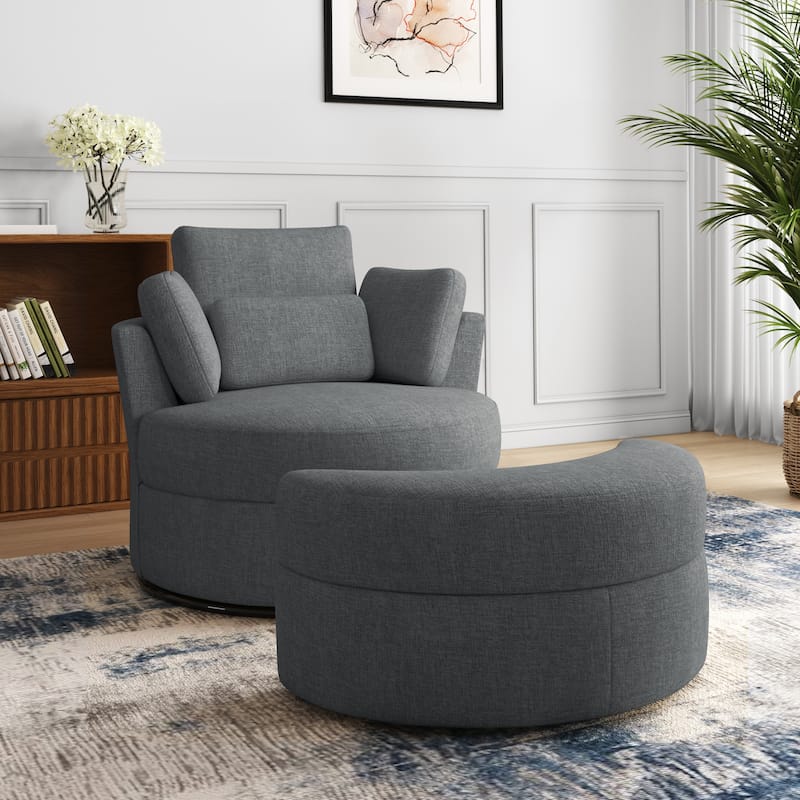 41" W Oversized Accent Barrel Swivel Chair with Moon Storage Ottoman - Set of Chair with Ottoman - Grey Chenille