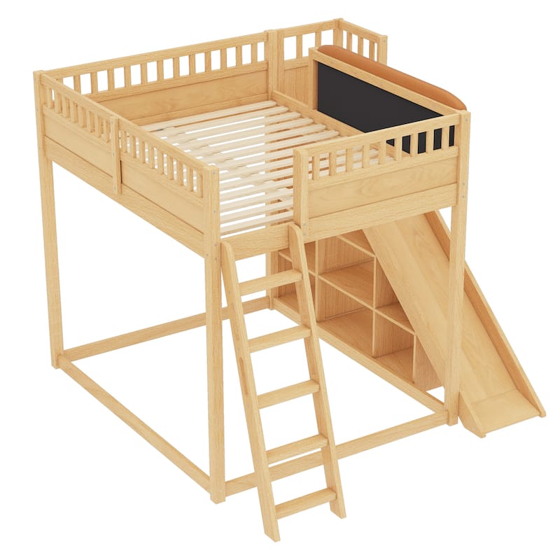 Queen/Full Loft Bed with Upholstered Headboard, Storage & Slide