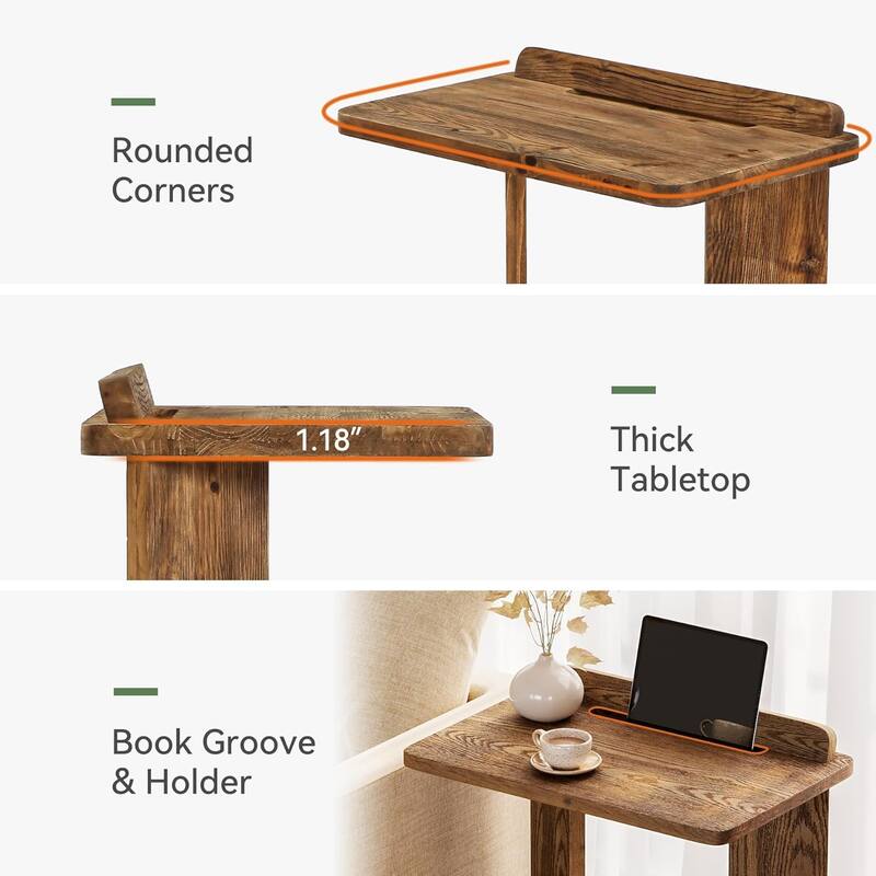 2-Tier Solid Wood Farmhouse C-Shaped End Table with Book Groove & Holder - 25.59"L × 15.75"W × 27.56"H