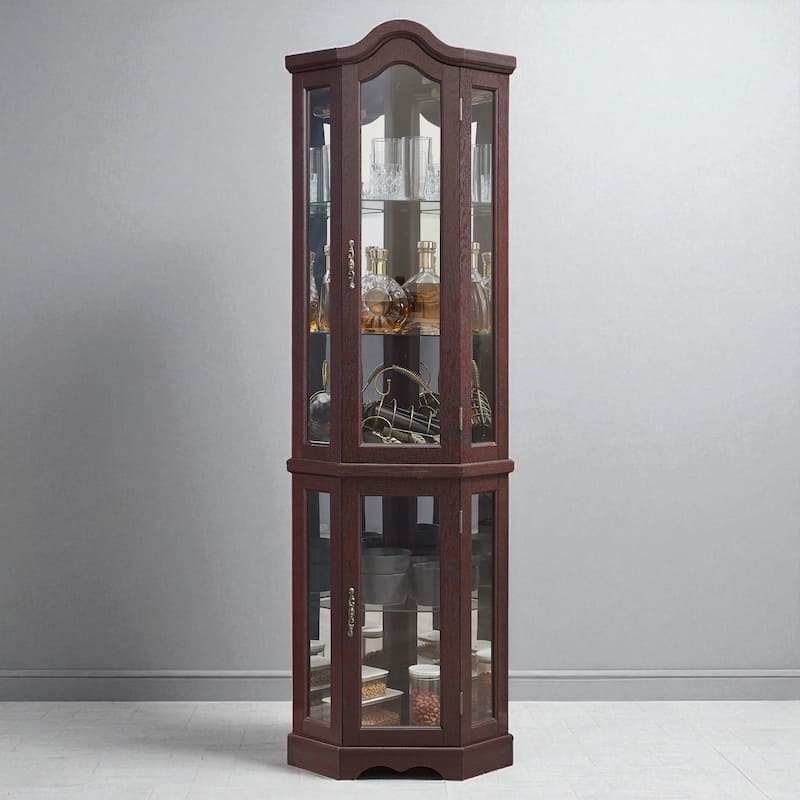 Lighted Corner Curio Cabinet with Tempered Glass Doors, Adjustable Shelves, Oak Finish Display Storage for Home Decor