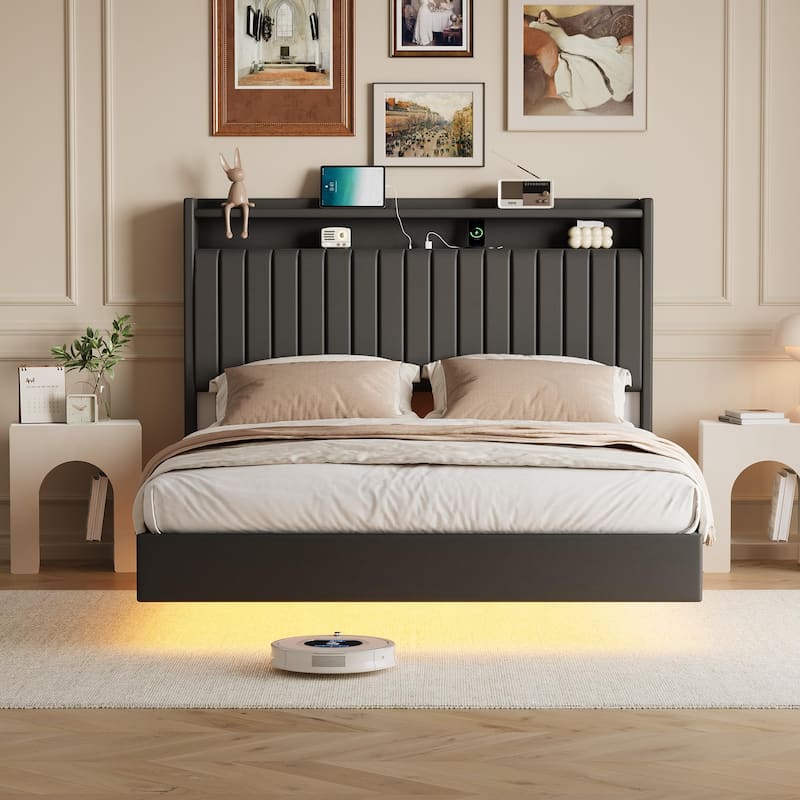 Full/Queen Size Floating Bed Frame with LED Lights, Charging Station, Leather Upholstered Headboard With Storage