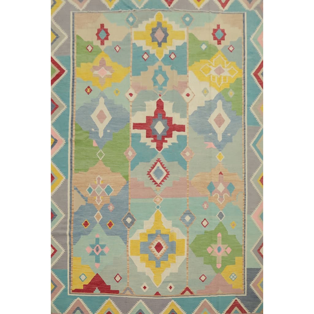 Hand Woven Oriental 100% Wool Carpet Southwestern Tribal Navy Blue & Blues Kilim Area Rug - 13' 4'' X 10' 0''