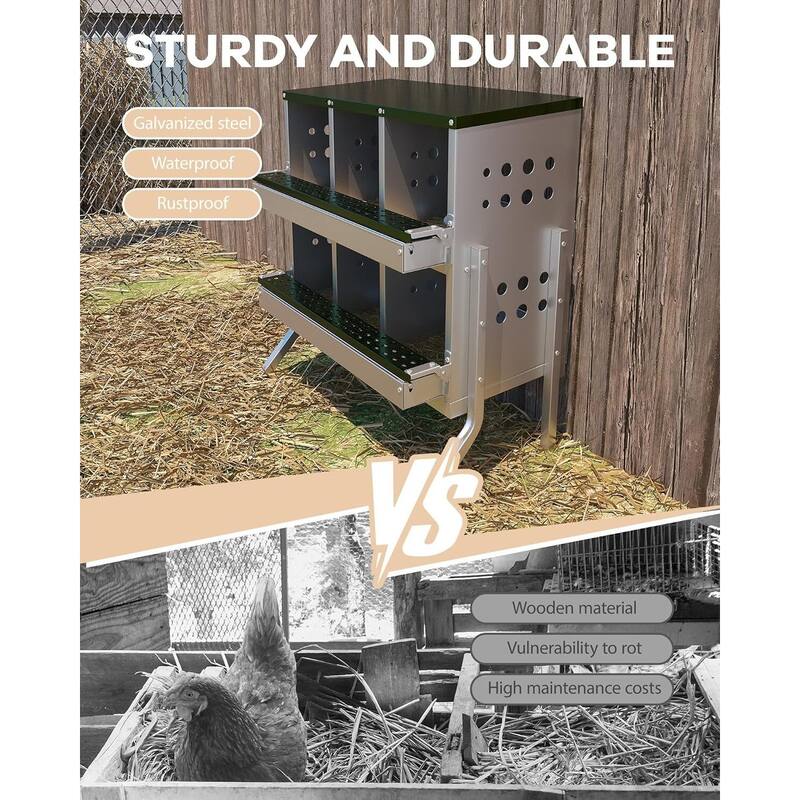 6-Compartment Metal Chicken Nesting Box, Waterproof Egg Laying Box
