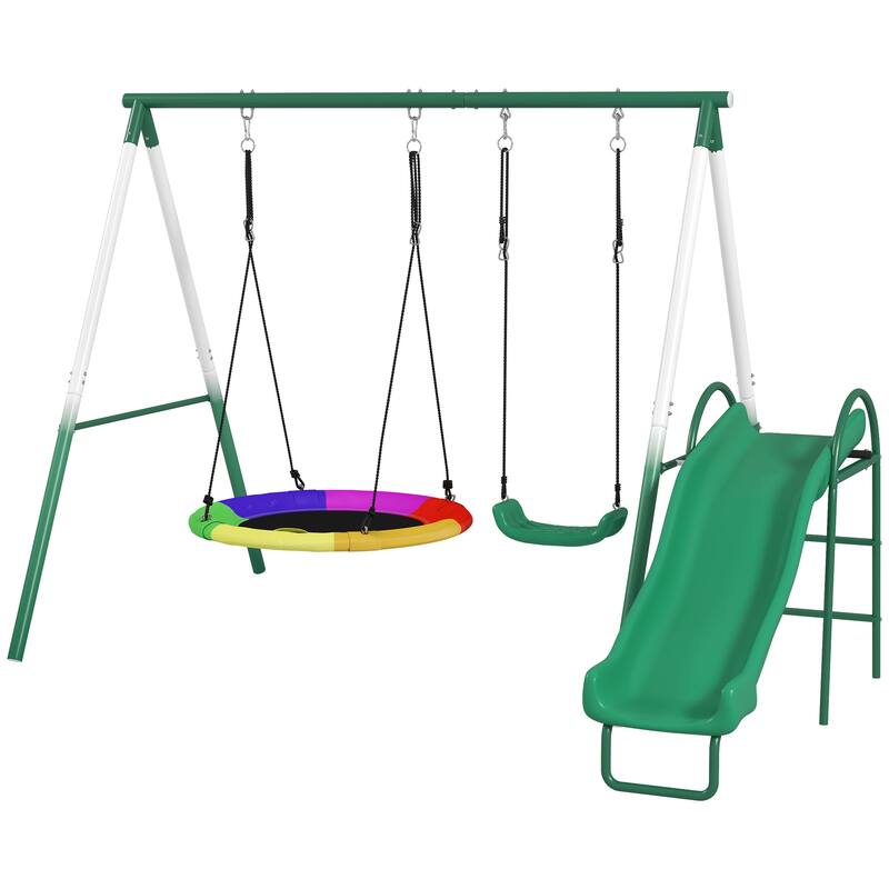 3-in-1 Kids Swing Set Saucer Slide Seat With Waterproof Material - 111.8" L x 91.3" W x 72.8" H - Dark-Green-White-Black