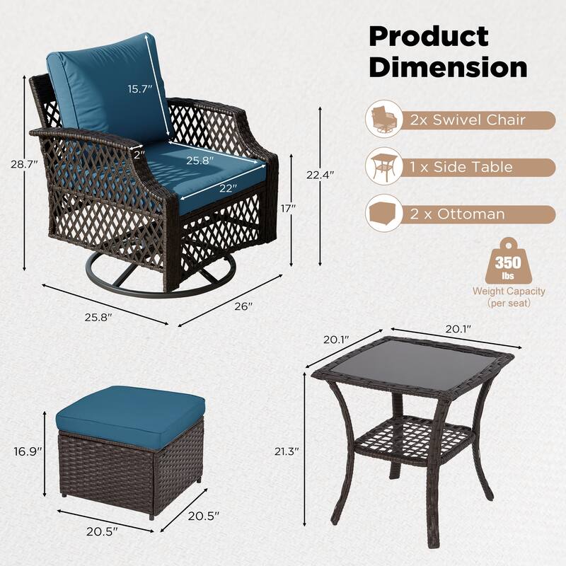 Outdoor Wicker Patio Set w Swivel Chairs & Sofa, Ottomans and Tables, Modular 3/5/6/7-Piece, All-Weather Conversation Set.