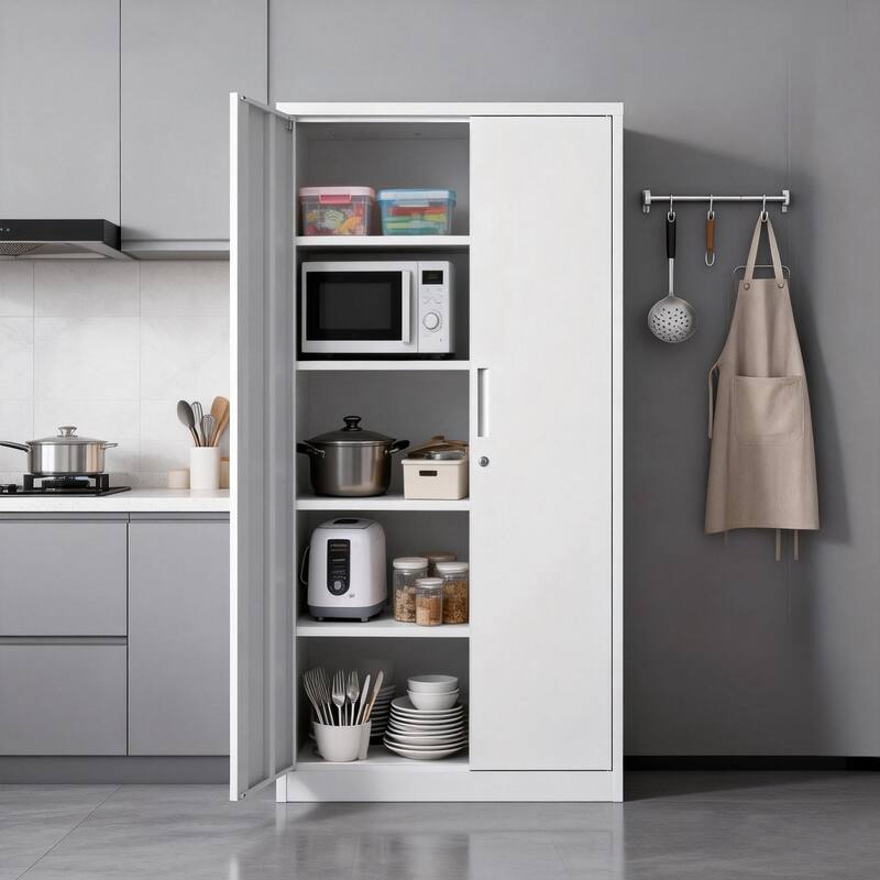 71"H Garage Storage Cabinet, Black Tool Steel Locking Cabinet with Doors and 4 Shelves, Tall Cabinets for Garage Storage Systems