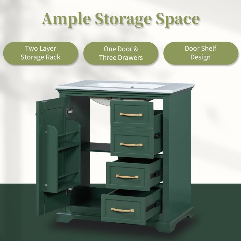 30 inch MDF Bathroom Vanity with Sink, One Package, Green Bathroom Cabinet with Drawers