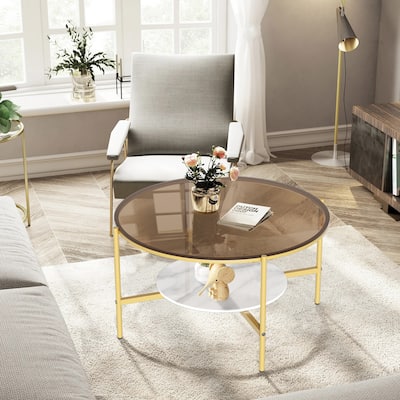 2-Tier Round Coffee Storage Table with Tempered Glass Top and Sintered Stone Accent Table